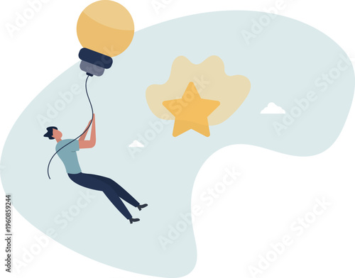 Man Flying in Lightbulb Hot Air Balloon Toward Star – Idea and Positive Feedback Concept Vector Illustration