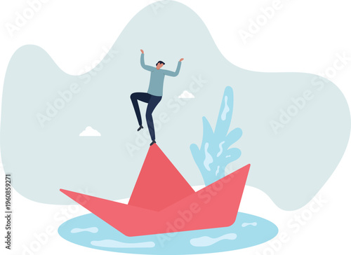 Man on Red Paper Boat with Hole – Sinking Ship and Risk Concept Vector Illustration.