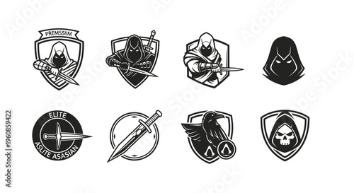 A collection of stylized, monochrome logo designs featuring cloaked assassins with swords, daggers, and emblems, embodying stealth, adventure, and the assassin's creed, perfect for gaming or