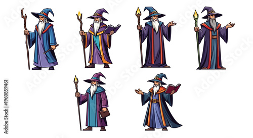 A collection of seven different fantasy-themed wizard character variations, each with unique attire and expressions, posed against a clean white backdrop, in a stylized cartoon aesthetic, ev
