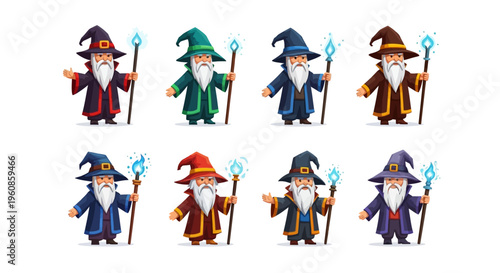 A vibrant and cheerful set of eight cartoon wizards, each with unique attire and a glowing staff, arranged in a grid against a clean white background, showcasing fantasy characters.