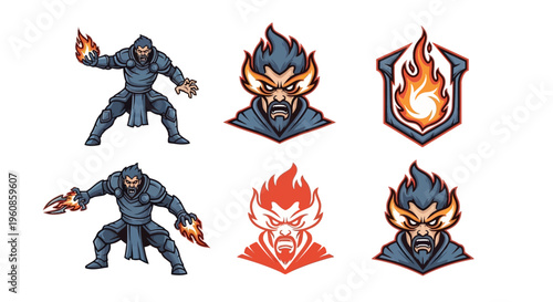 Fantasy warrior casting fire spells with elemental emblem and creature head profile on white background for game design