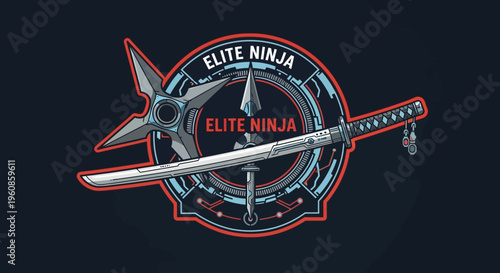 Samurai Sword And Shuriken Emblem With Circuitry Detail On Dark Background Symbolic Of Martial Arts And Eastern Warrior Culture