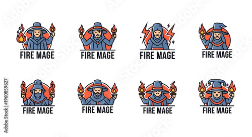 Collection of fantasy character emblems depicting mages holding fire with distinct hats and attire for game design or magical themed projects