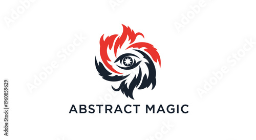 Abstract eye design with swirling fire and leaf elements centered around a central pupil creating a mystical energy concept for logos or branding