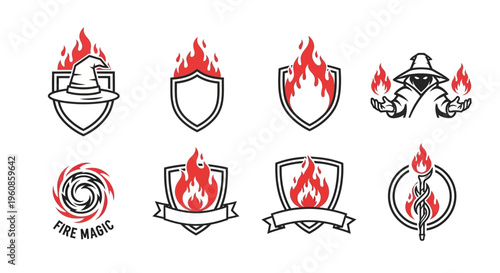 Fantasy Game Emblems Featuring Magic Fire Shields Wizard Hat Whirlwind Torch Icons for Digital Design Projects
