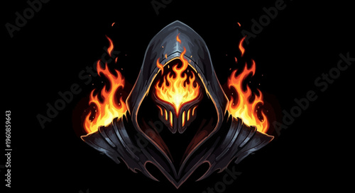 Fiery hooded figure with glowing mask and flames against a dark background representing power and mystery