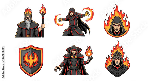 Fantasy Mage Character Collection With Fire Elemental Magic And Emblem For Gaming Or Storytelling Concepts