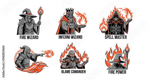 Collection of Six Fantasy Characters Featuring Fire Magic and Dark Robes Ideal for Game Art and Themed Designs