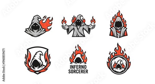 Mysterious robed figures emitting flames and energy symbols representing fantasy or gaming archetypes for magical concepts