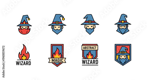Set Of Wizard Icons Featuring Magical Hat Beard Fire And Crest Designs For Fantasy And Enchantment Themes