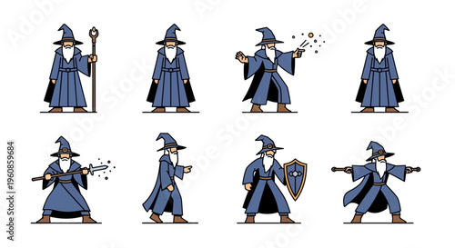 Collection of eight wizard characters performing different magical actions and poses with staffs shields and spells on white background for fantasy