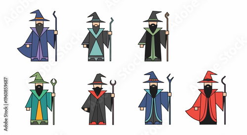 Collection of eight diverse wizard characters with staffs and pointed hats in various robe colors and designs suitable for fantasy or educational