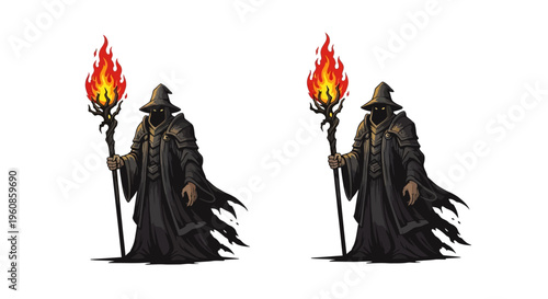 Dark hooded figure holding a fiery staff casting a spell in a fantasy setting with white background for easy editing and design