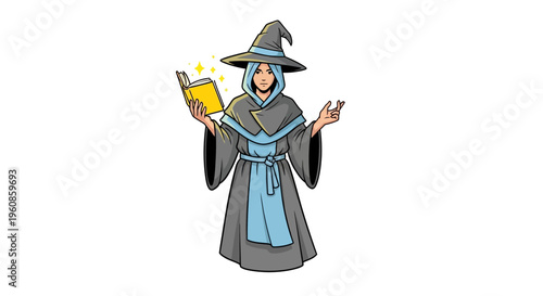 Wizard character in costume holding an open spell book with magical sparkles emanating from the pages and casting a spell with a gesture