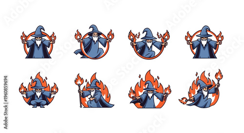 Magician Casting Fire Spell With Magical Aura And Flames In Various Poses For Fantasy Game And Storytelling Concepts