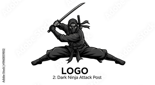 Martial artist in dark attire performing combat stance with sword ready for action dynamic pose depicting warrior skill and strategy for gaming or