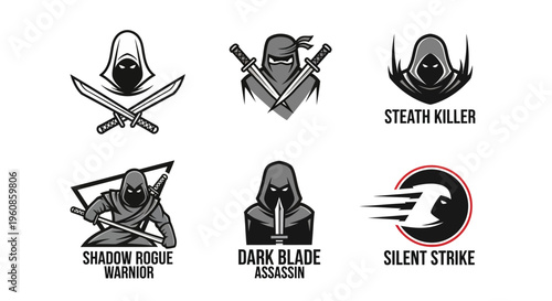 Collection of stylized warrior emblems featuring hooded figures holding swords and daggers for game or esport branding identity design projects