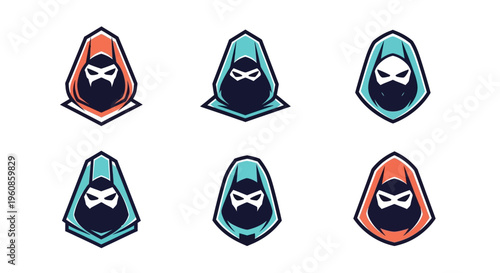 Six stylized hooded figures with masked faces in orange and blue color palettes presented in a symmetrical arrangement for brand identity and digital