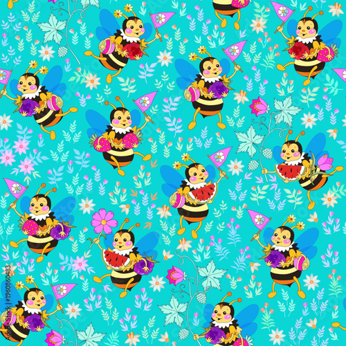 Beautiful little bees with berries, balls and flags among small flowers on br...