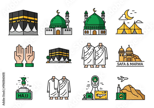 Hajj and Umrah Islamic Pilgrimage Icon Set - Flat Vector Illustrations of Kaaba, Mosque, Ihram, Safa Marwa, and Rituals for Makkah Travel and Religious Design