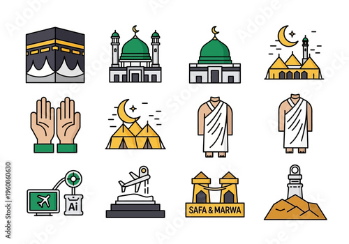 Hajj and Umrah Islamic Pilgrimage Icon Set - Vector Illustrations of Kaaba, Mosque, Ihram, and Sacred Sites for Mecca and Madina Travel