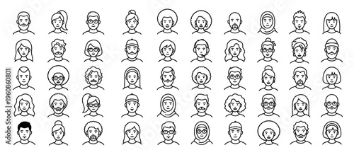 Collection of diverse facial expression line drawings.