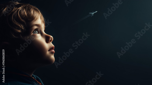 dreamy child looking at rocket in night sky for aerospace engineer concept, little boy watching spaceship launch with wonder and imagination, young kid dreaming of space exploration and astronomy care