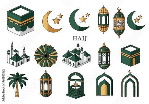 Islamic Hajj Pilgrimage Icon Set - Kaaba, Mosque, Lanterns, Crescent Moon and Stars, Green and Gold Vector Elements for Ramadan and Eid Mubarak Decorations
