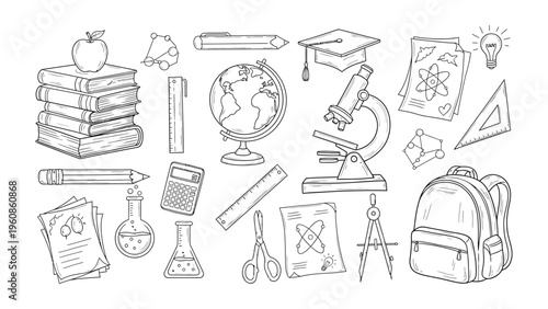 Academic Ensemble: An assortment of essential educational tools, each one meticulously outlined and poised to inspire learning and exploration. A visual ode to knowledge.