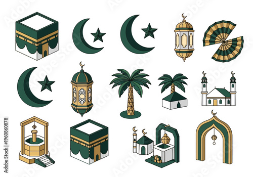 Isometric Islamic Icon Set for Ramadan and Eid: Kaaba, Mosque, Lanterns, Crescent Moon, and Palm Tree Illustrations in Green and Gold