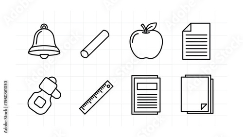 School Supplies Illustration: Collection of school-related graphic icons, meticulously crafted in a clean line style. Each icon represents a essential element