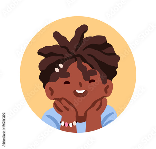 Cute happy black boy, circle face avatar. Smiling African-American child, hea...