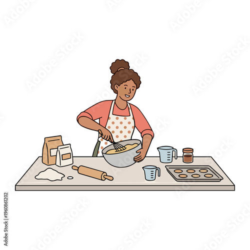 Woman baking cookies on kitchen counter with mixing bowl and rolling pin