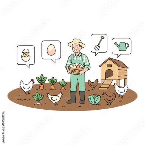 Farmer collects eggs from chicken coop in garden with vegetables and chickens.