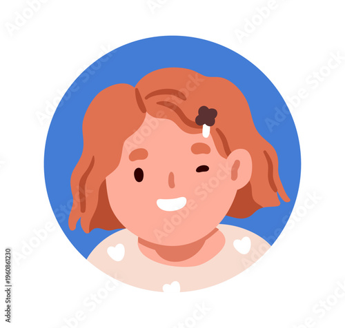 Cute happy girl winking, face avatar, round circle user profile. Funny smilin...