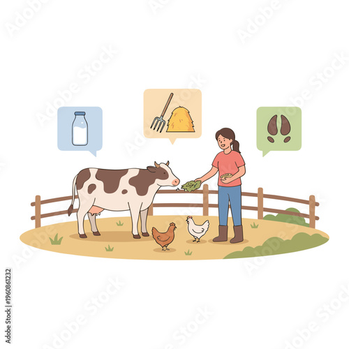 Woman feeding a cow and chickens on a farm with milk bottle, shovel and hat icons nearby.