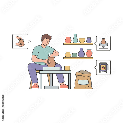 A man sits at a pottery wheel shaping clay into a vessel in a studio