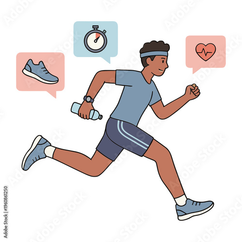 Man jogging quickly with water bottle and sports gear on track