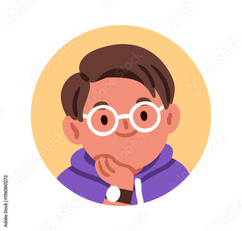 Boy kid in glasses, circle face avatar. Smiling school child in spectacles, h...