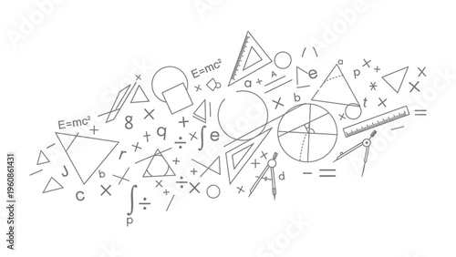 Abstract Mathematical Composition: A visually engaging illustration showcases an array of geometric shapes and mathematical symbols, creating a dynamic representation of scientific concepts.