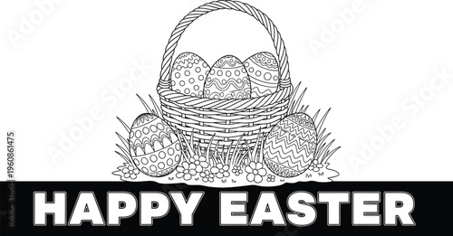 Happy easter basket with eggs and spring florals