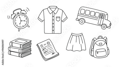 School essentials arrangement: An organized illustration showcasing essential school items, including an alarm clock, shirt, school bus, books, certificate, skirt and backpack.