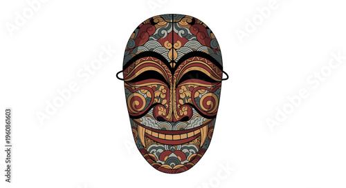 Traditional Tribal Ritual Mask Illustration with Intricate Ethnic Patterns and Ornaments