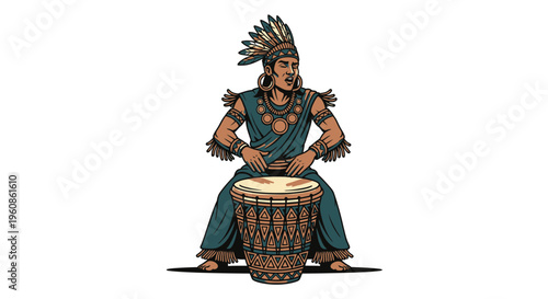 Tribal Traditional Drum Player in Indigenous Costume Cultural Performance Vector Illustration