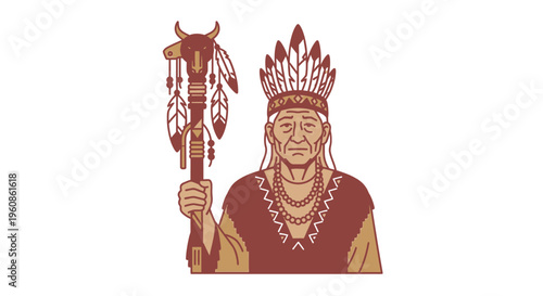 Native American Tribal Leader Elder Portrait with Traditional Headdress and Staff Vector Illustration