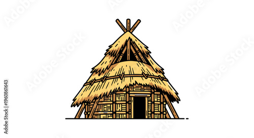 Traditional Tribal Village House Illustration with Thatched Roof Vector Design Element