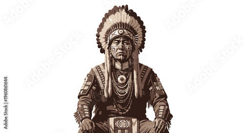 Native American Leader Sitting in Traditional Tribal Chief Regalia Vector Illustration