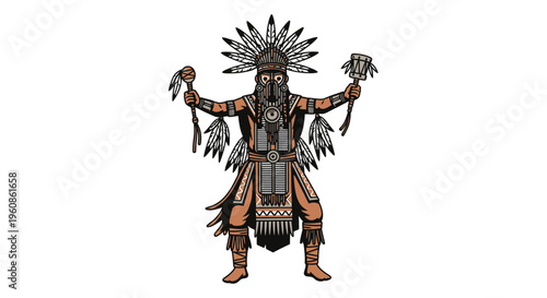 Ethnic Tribal Shaman Performing Ritual Ceremony Vector Illustration Graphic