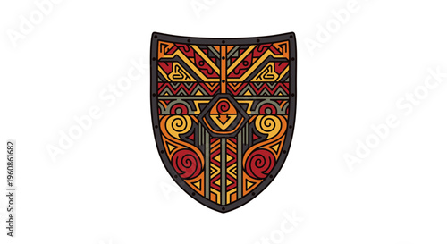Traditional Ethnic Tribal Shield Vector Illustration with Intricate Geometric Patterns and Earthy Tones